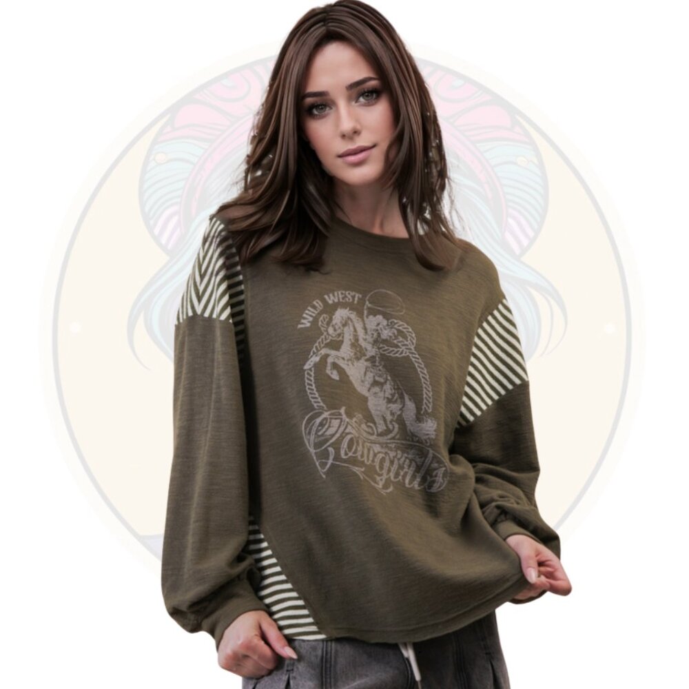 13C Mixed Media Cowgirl Stripe Knit Top in Olive